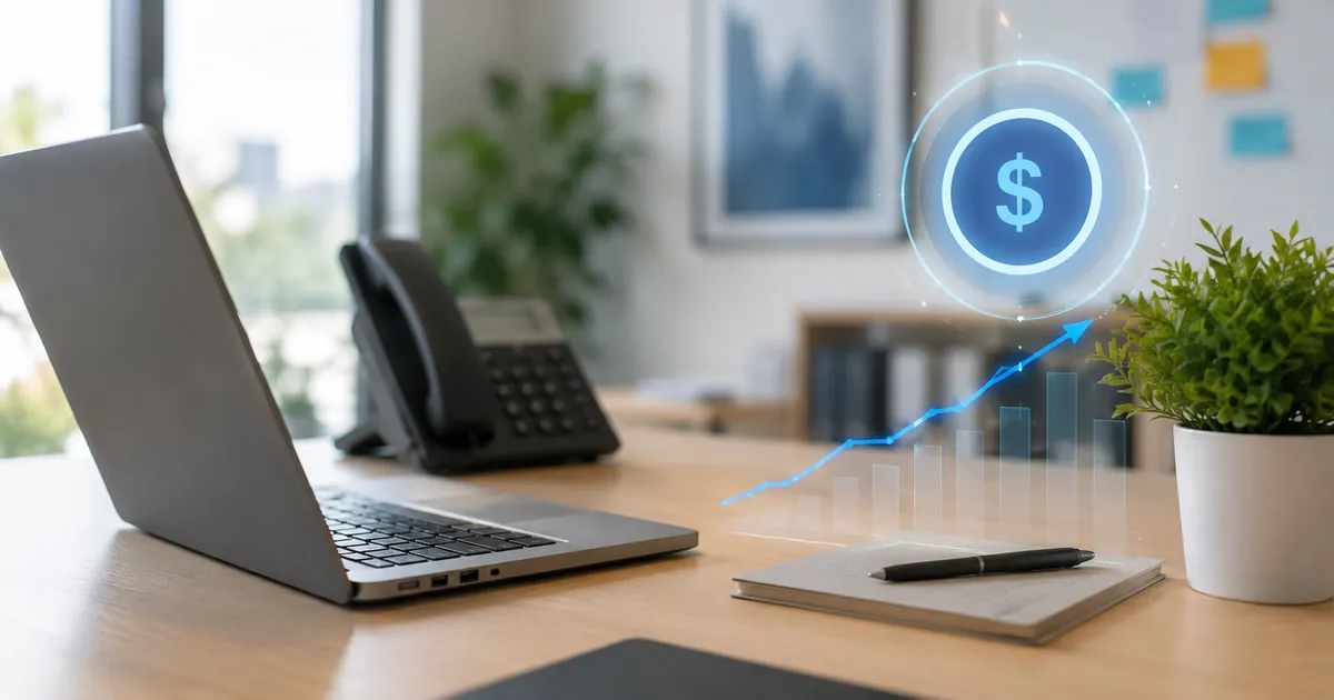 Office phone and laptop beside a rising cost chart