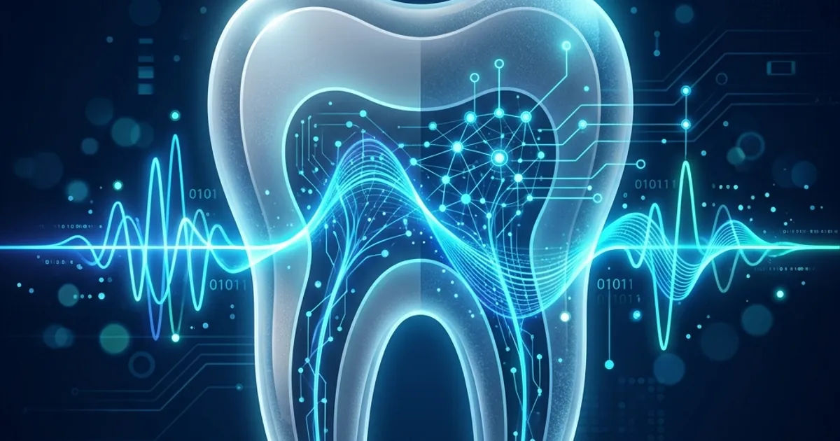 Digital tooth crossed by an audio waveform and network connections