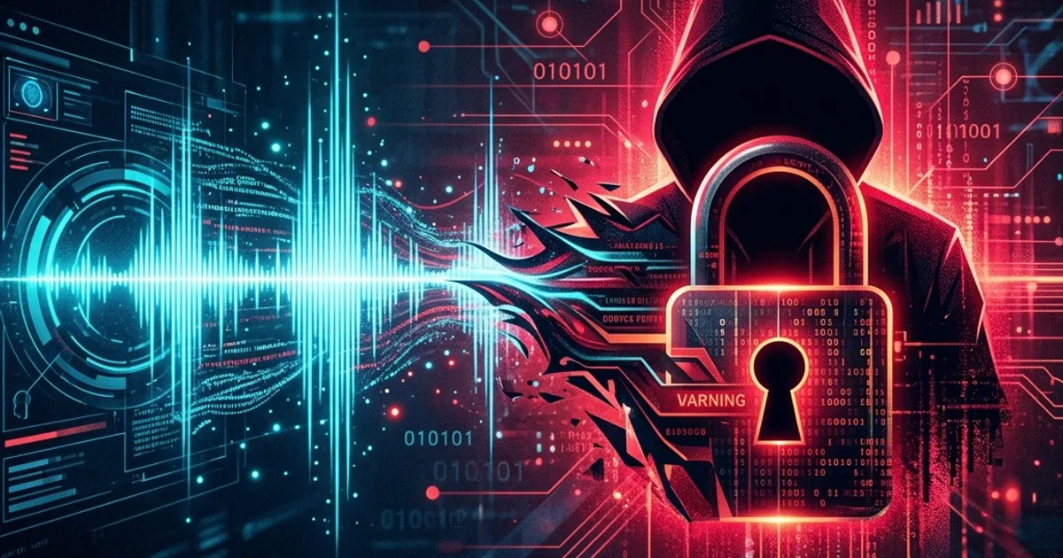 A hooded figure beside a padlock and digital voice waveform
