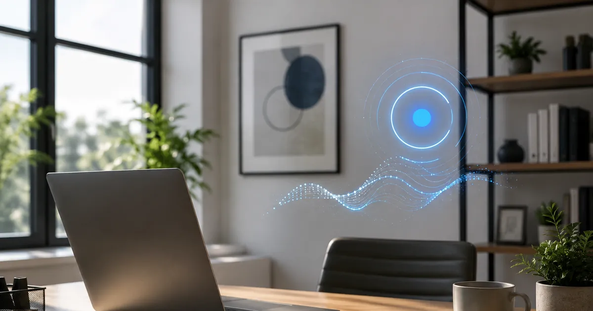 Laptop on an office desk beside a digital voice waveform