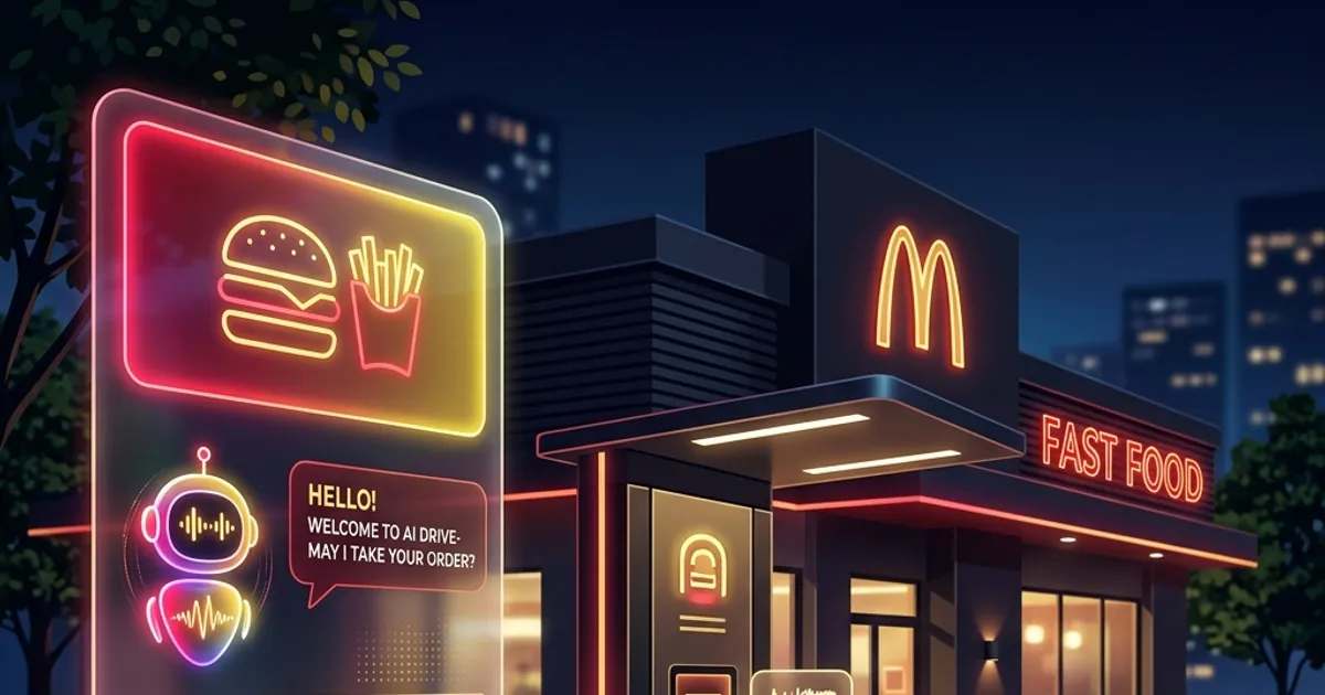 Illustrated AI drive-thru ordering kiosk outside a McDonald's restaurant