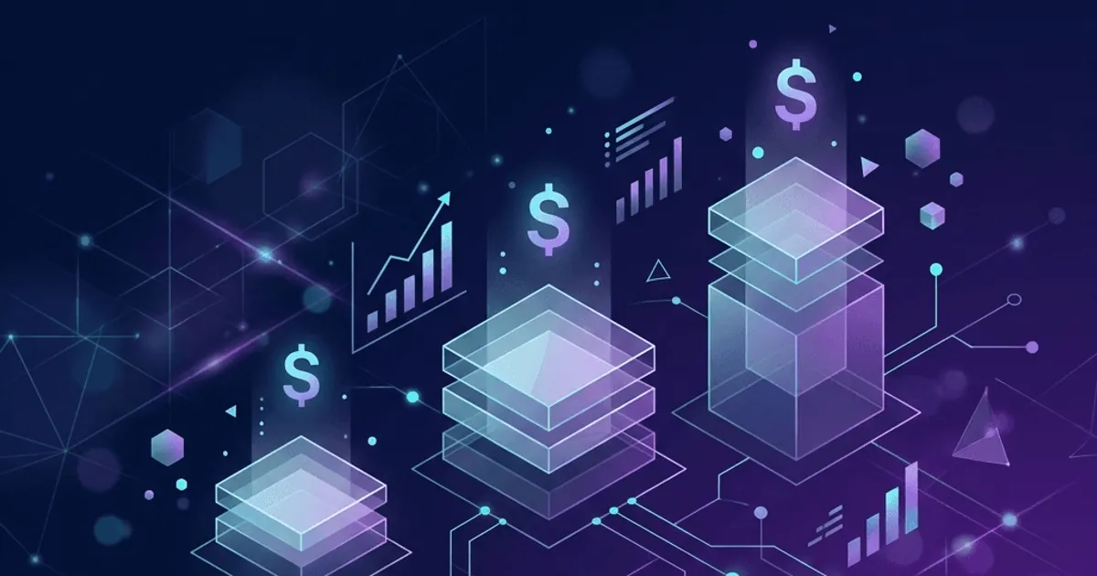 Layered pricing blocks with dollar signs and analytics charts