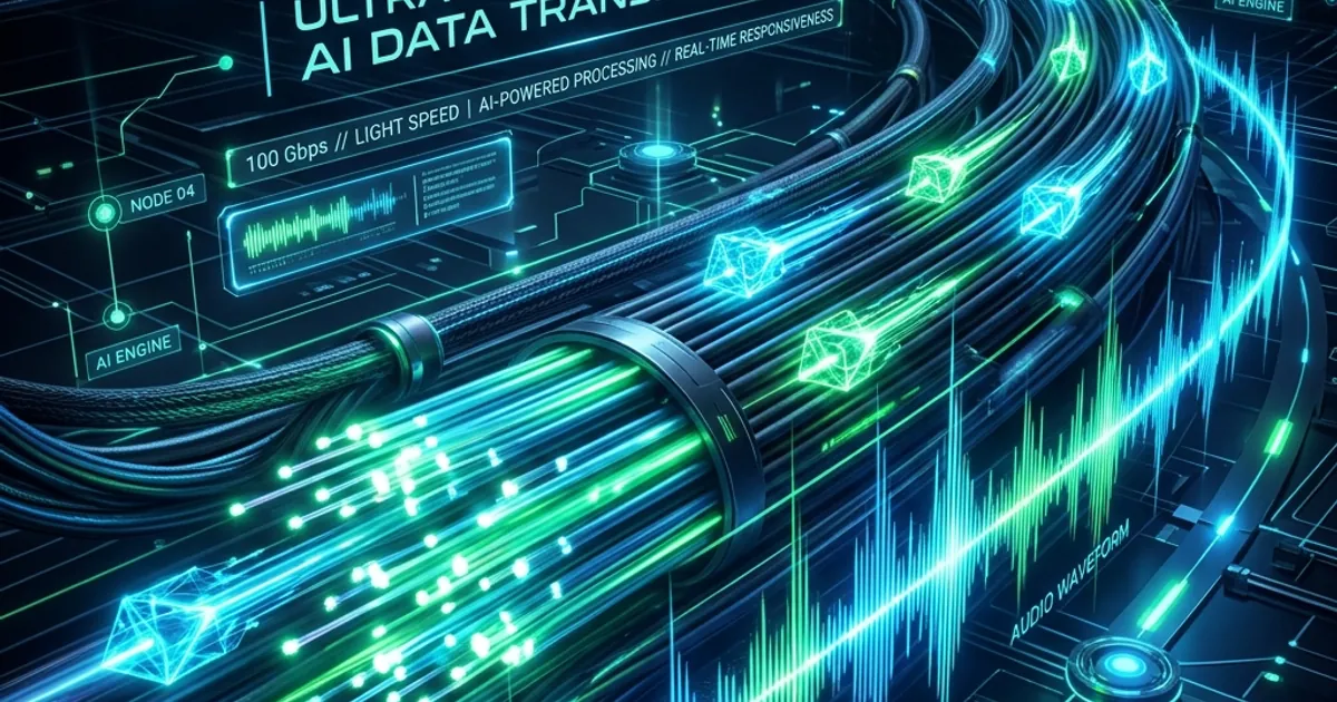 Glowing data streams and audio waveforms illustrating low-latency voice AI